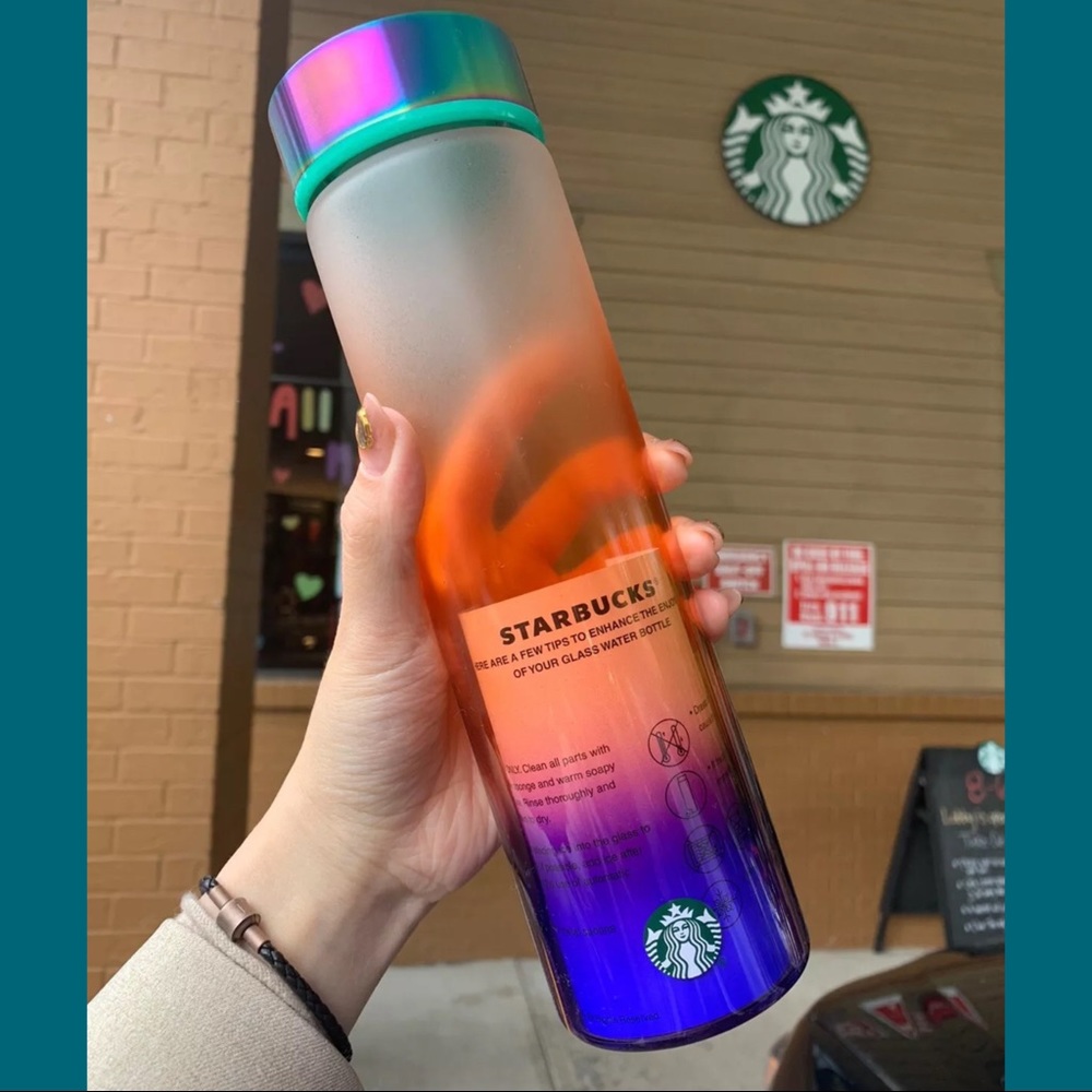 STARBUCKS BLUE OMBRE IRIDESCENT GLASS WATER BOTTLE